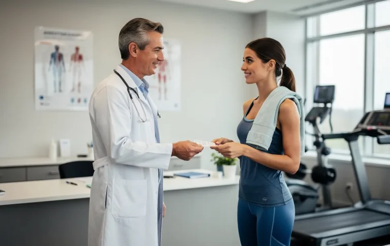 Un médecin tend une ordonnance à une jeune femme en tenue de sport dans un cabinet lumineux où l’on distingue du matériel de gym en arrière-plan.