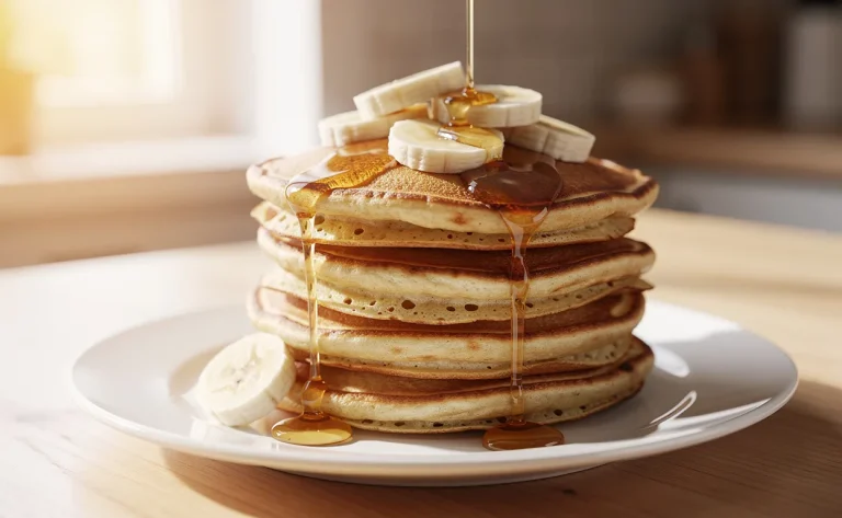 Une pile de pancakes dorés à la banane garnis de tranches de banane et d’un filet de miel sur une assiette blanche dans une cuisine lumineuse.