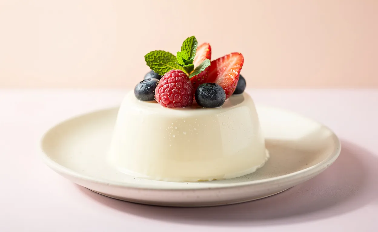 Panna cotta ornée de fruits rouges frais et de menthe, posée sur une assiette claire devant un fond pastel.