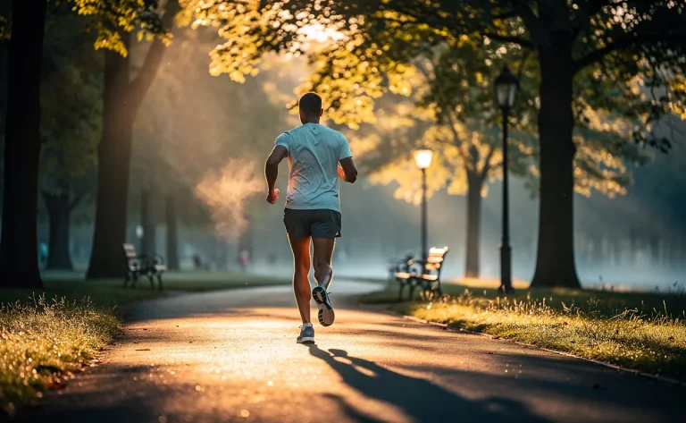 Une personne marche d’un pas vif sur un sentier de parc au lever du soleil, avec la lumière dorée filtrant à travers les arbres et allongeant les ombres.