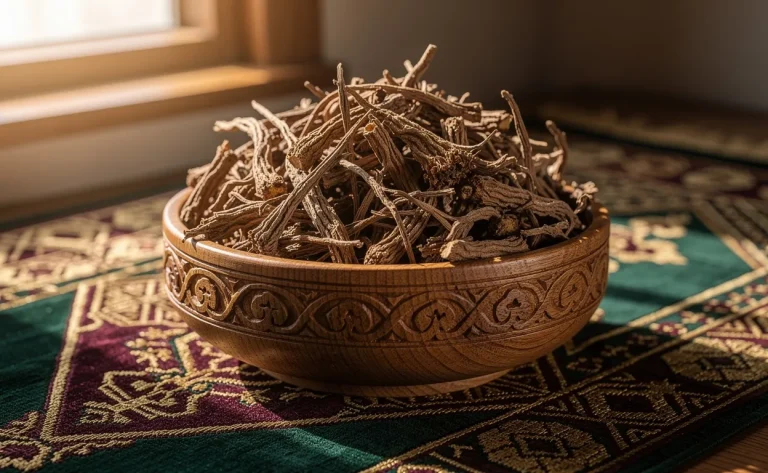 Un bol en bois traditionnel rempli de racines séchées de costus indien posé sur un tapis de prière islamique aux motifs riches, baigné par une douce lumière naturelle.