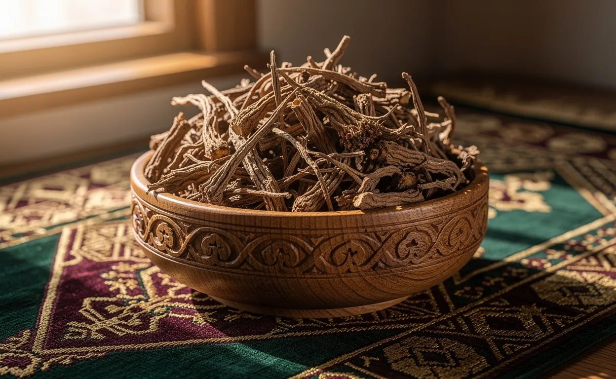 Un bol en bois traditionnel rempli de racines séchées de costus indien posé sur un tapis de prière islamique aux motifs riches, baigné par une douce lumière naturelle.