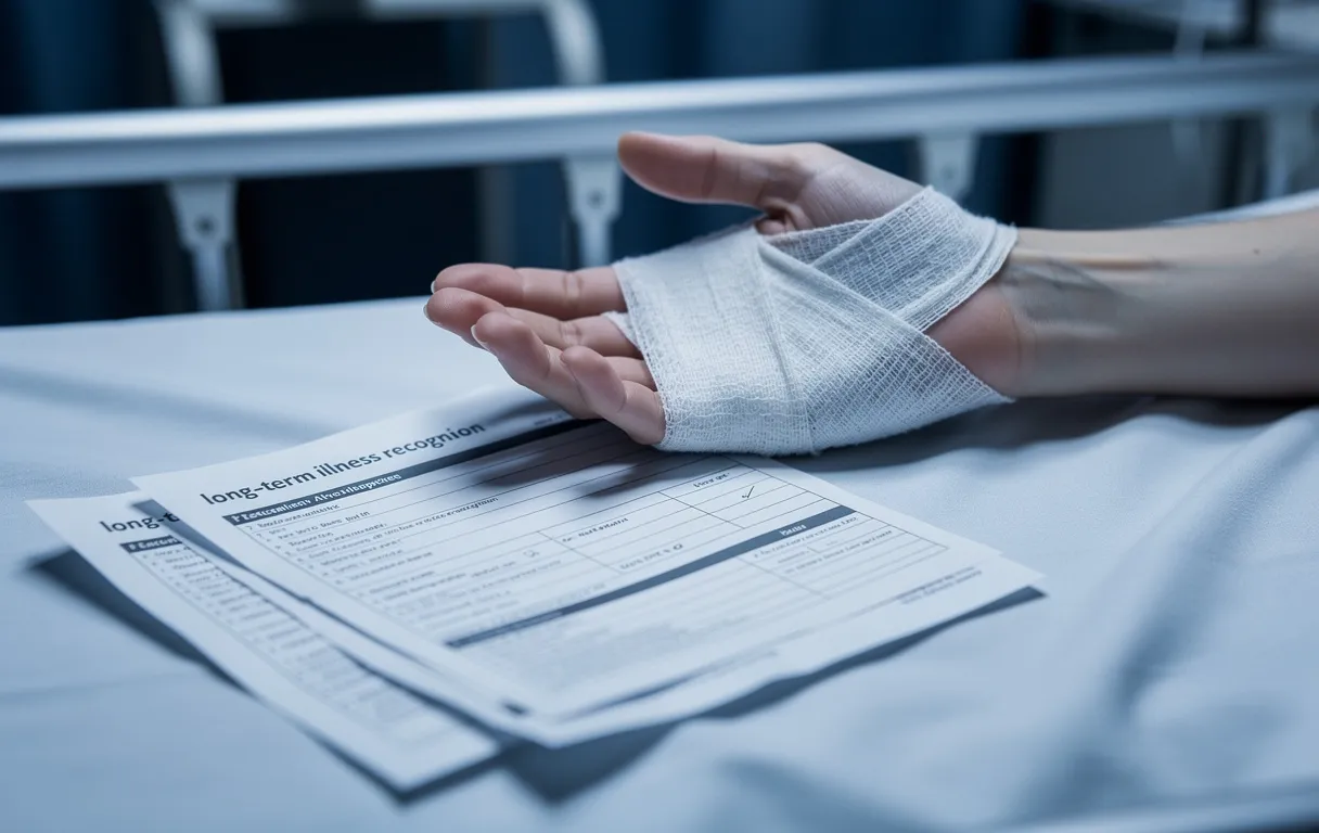 Main bandée reposant sur un lit d’hôpital, à côté de documents médicaux sur la reconnaissance de maladie de longue durée.