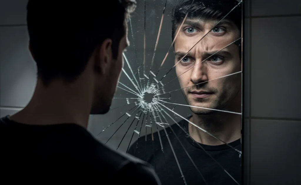 Un homme fait face à un miroir brisé où chaque reflet exprime une émotion différente comme la sérénité, la ruse et la détresse, dans une ambiance tamisée et expressive.