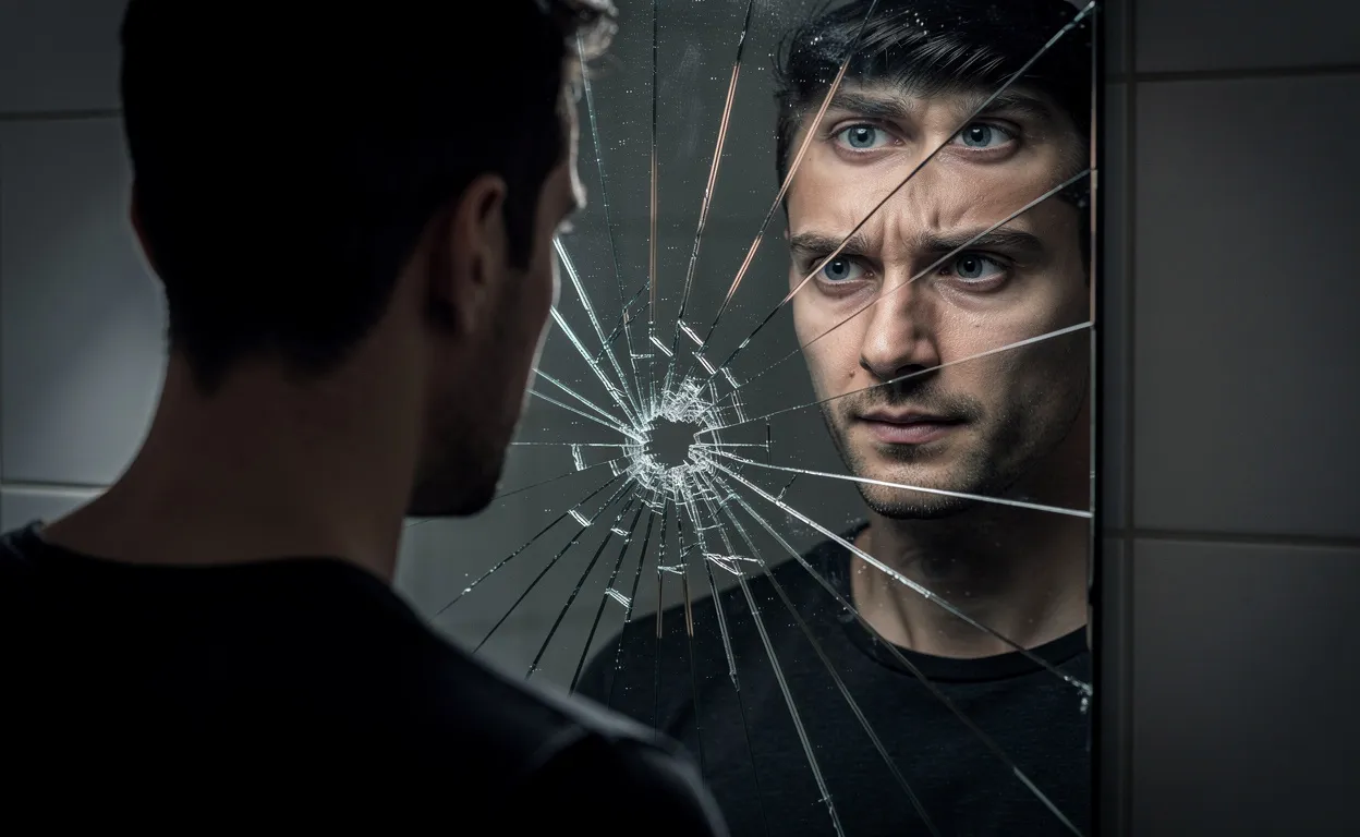 Un homme fait face à un miroir brisé où chaque reflet exprime une émotion différente comme la sérénité, la ruse et la détresse, dans une ambiance tamisée et expressive.