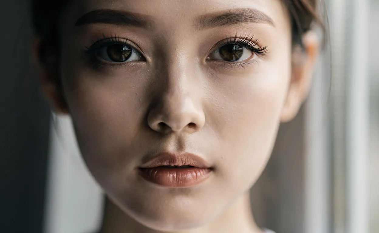 Visage en gros plan d’une personne montrant des yeux sanpaku avec un contraste marqué sous un éclairage naturel doux.