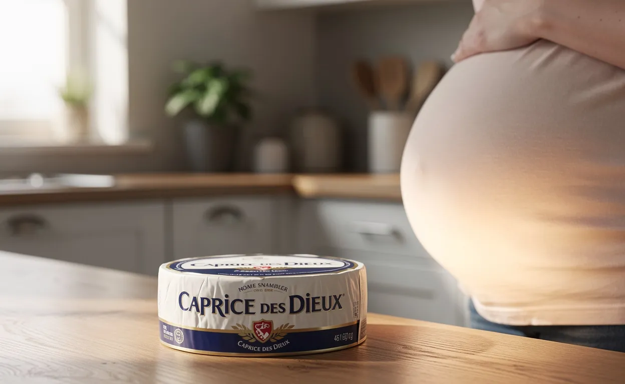 Un fromage Caprice des Dieux rond repose sur une table de cuisine à côté d’un ventre de femme enceinte illuminé doucement, dans une ambiance paisible.
