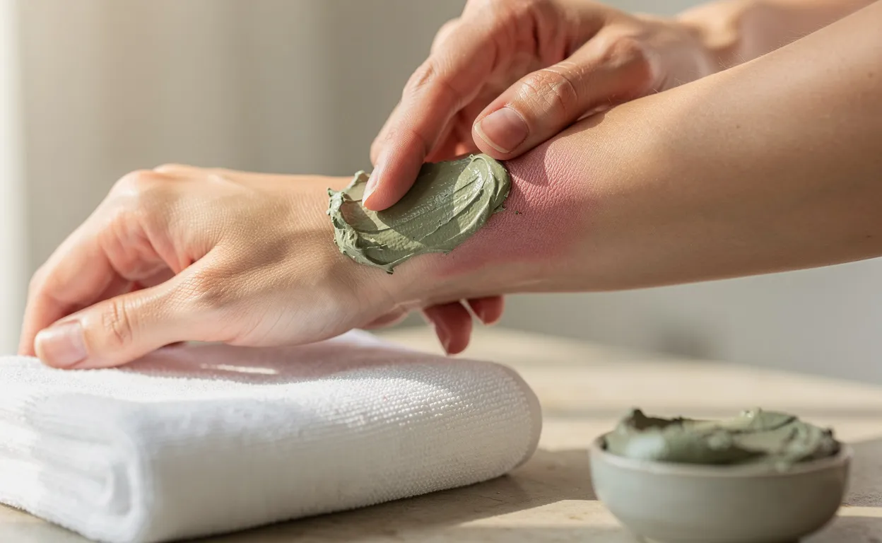 Une personne applique délicatement un cataplasme d’argile verte sur son poignet enflammé, près d’une serviette blanche et d’un bol d’argile, dans une ambiance apaisante.