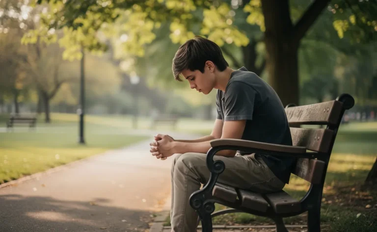 Un jeune adulte assis seul sur un banc de parc regarde pensivement devant lui sous une lumière douce filtrée par les feuilles vertes.