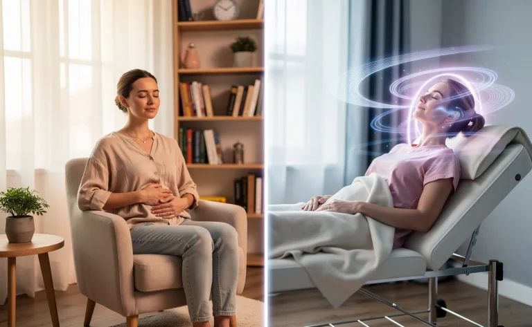 Un bureau de thérapeute apaisant montre une femme pratiquant la sophrologie d’un côté et une autre en hypnose de l’autre, dans une lumière douce et équilibrée.