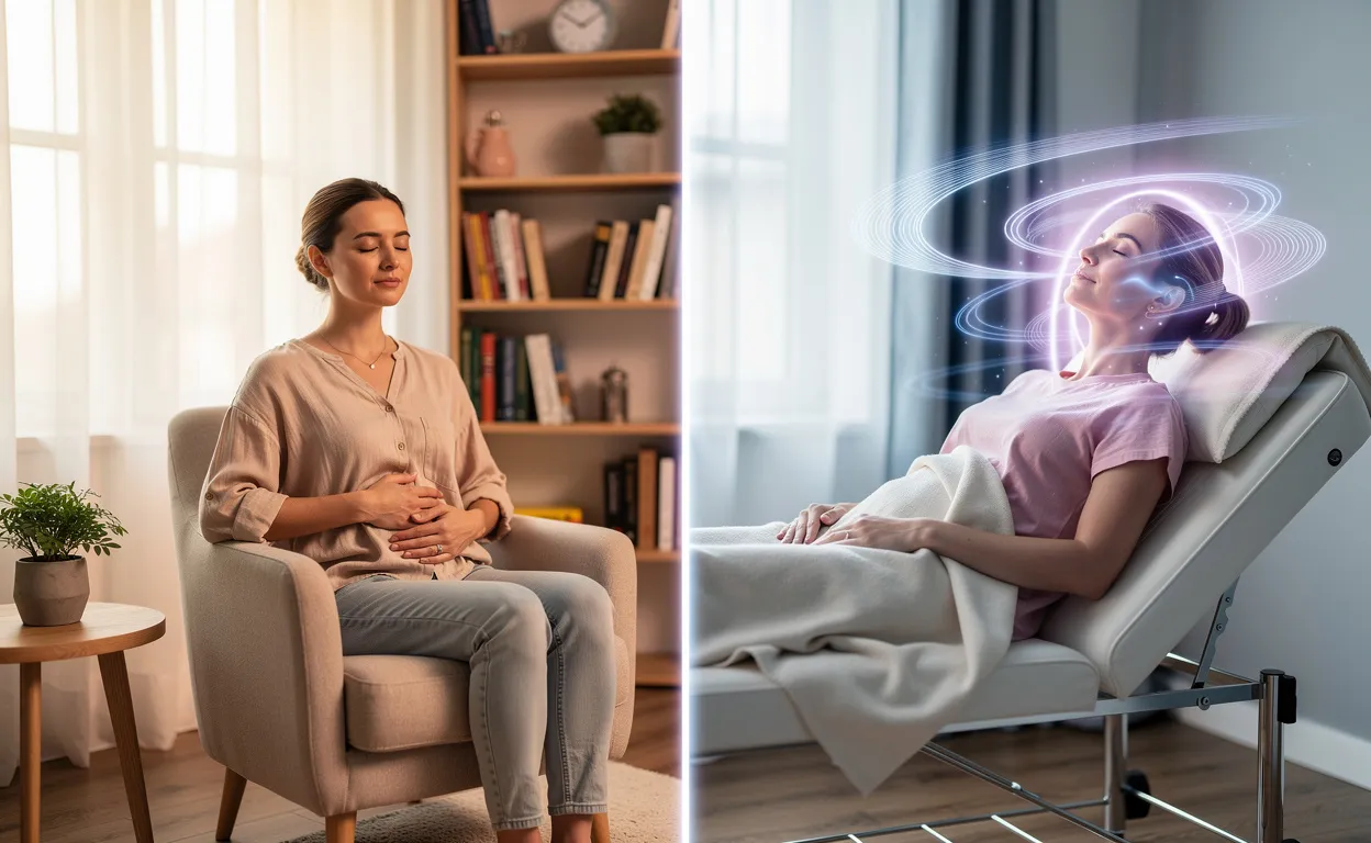 Un bureau de thérapeute apaisant montre une femme pratiquant la sophrologie d’un côté et une autre en hypnose de l’autre, dans une lumière douce et équilibrée.