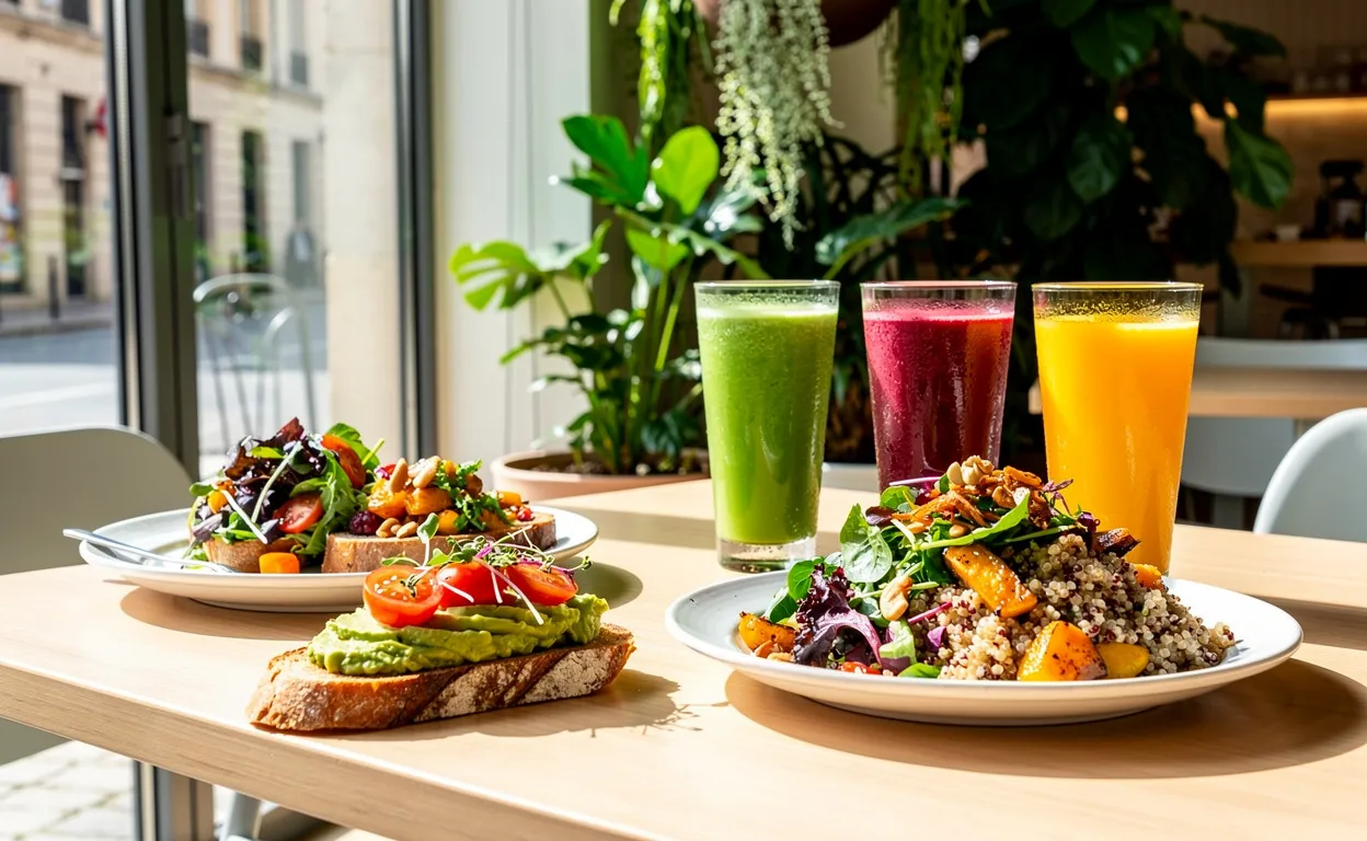 Table moderne à Dijon garnie de plats sains colorés, comme des toasts à l’avocat, des salades de quinoa et des smoothies, éclairée par la lumière naturelle près de plantes vertes.