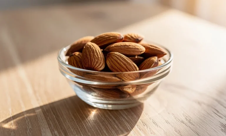 Un petit bol en verre contient une poignée d’amandes posée sur une table en bois éclairée par une lumière matinale douce.