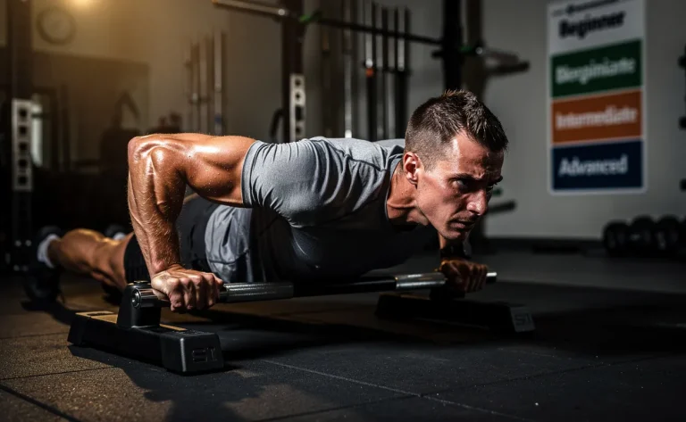 Un athlète effectue un exercice de curl nordique des ischiojambiers dans une salle de sport moderne, concentré sous un éclairage chaud qui souligne ses muscles, avec des repères de progression visibles sur le mur.