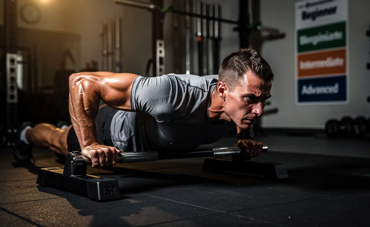 Un athlète effectue un exercice de curl nordique des ischiojambiers dans une salle de sport moderne, concentré sous un éclairage chaud qui souligne ses muscles, avec des repères de progression visibles sur le mur.