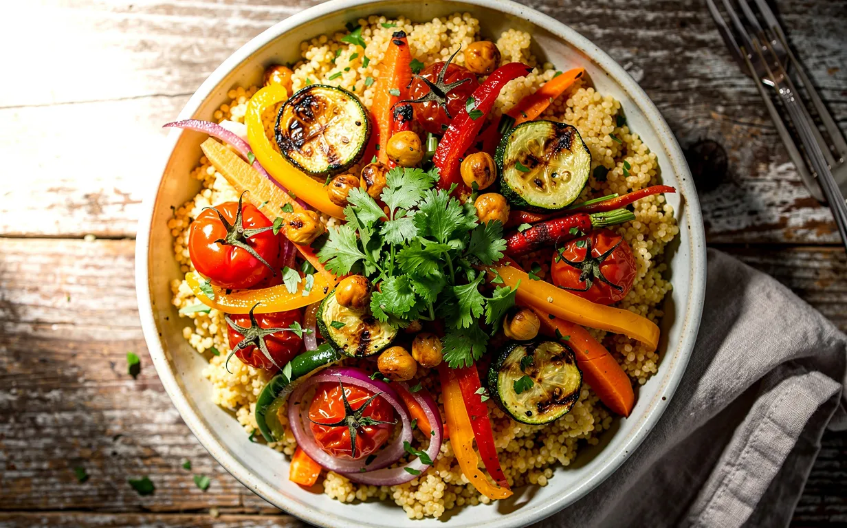 Bol de couscous garni de légumes grillés, pois chiches et herbes fraîches sur une table en bois éclairée par une lumière naturelle.
