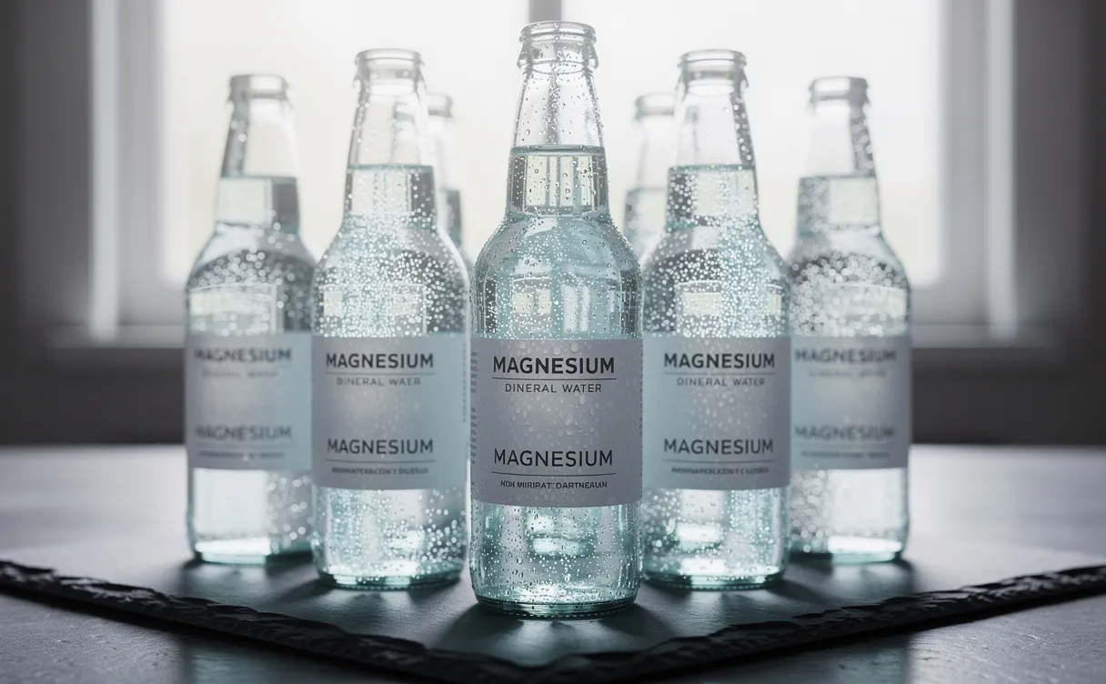 Bouteilles en verre transparent remplies d’eau pétillante riche en magnésium, disposées sur une surface sombre avec des gouttes de condensation et des reflets lumineux.