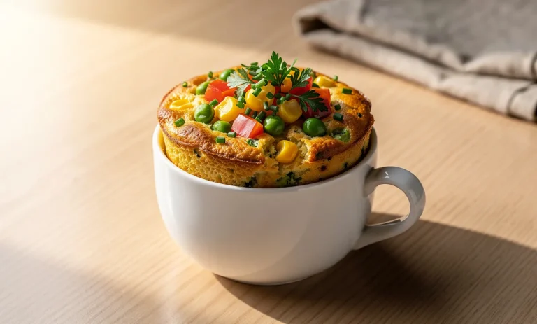 Un bowl cake salé dans une tasse blanche, garni de légumes en dés et d’herbes, posé sur une table en bois éclairée par la lumière du matin.