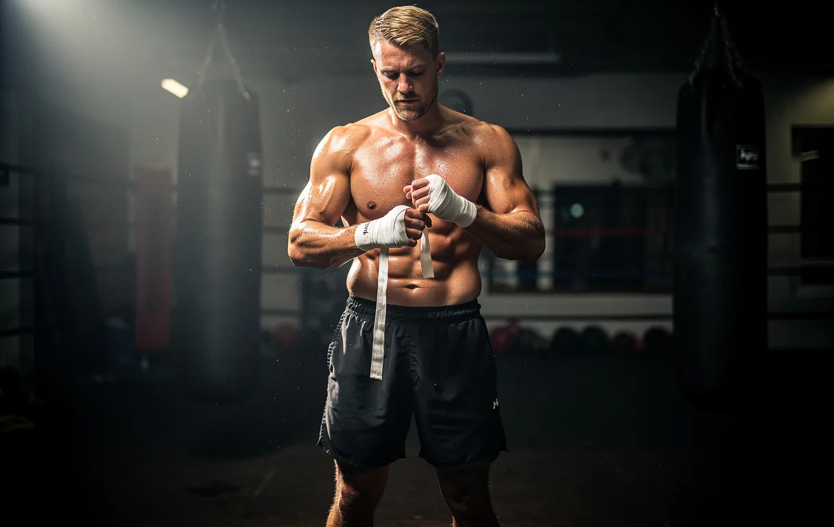 Un homme musclé aux cheveux blonds courts s’enroule les mains de bandes de boxe dans une salle de sport faiblement éclairée.