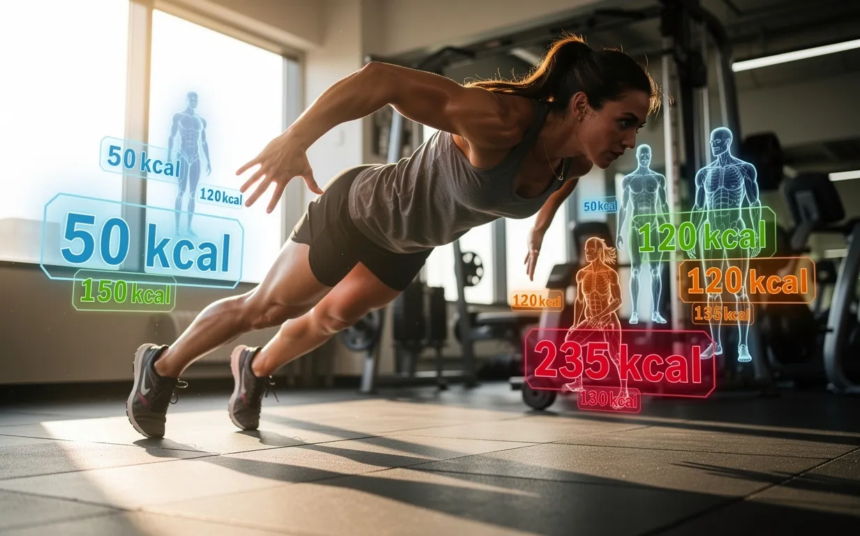 Personne sportive effectuant un burpee dans une salle de gym ensoleillée, entourée de chiffres numériques et d’icônes de calories flottants illustrant différentes valeurs selon le poids.
