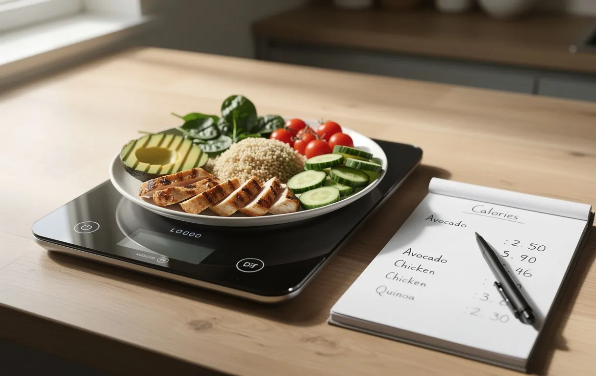 Une balance de cuisine numérique affiche une assiette d’aliments sains à côté d’un carnet de notes indiquant des calories sur un comptoir en bois éclairé par la lumière du matin.