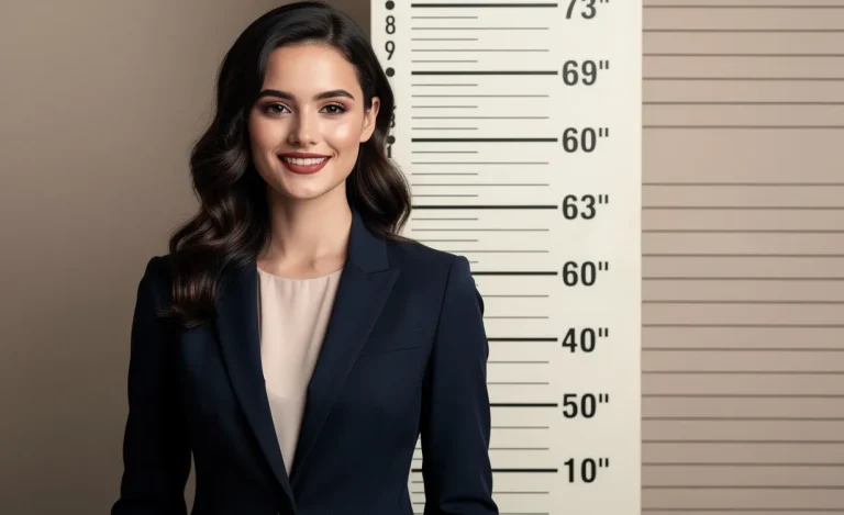 Camille Lellouche sourit devant un mur de toise classique, regardant l’objectif sous un éclairage doux.