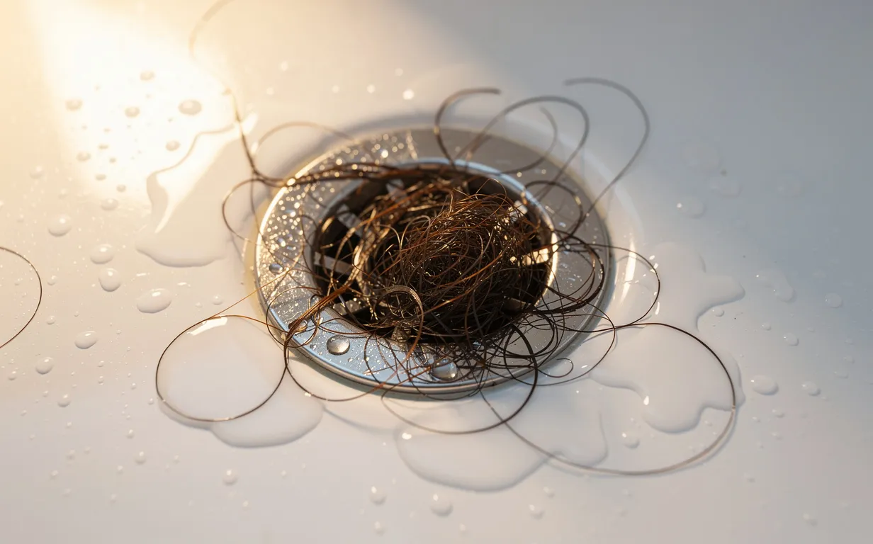 Des touffes de cheveux sont rassemblées autour de la bonde argentée d’une douche blanche légèrement mouillée sous une lumière matinale.