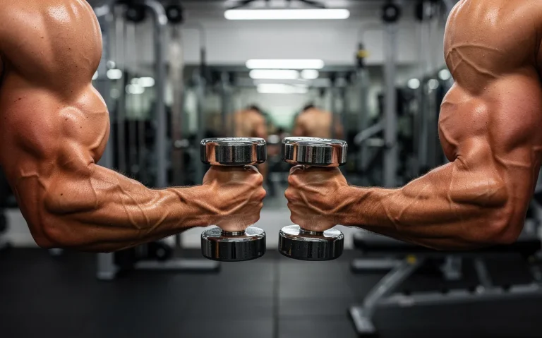 Deux bras masculins musclés soulèvent des haltères dans une salle de sport moderne, l’un avec un biceps court et l’autre avec un biceps long.