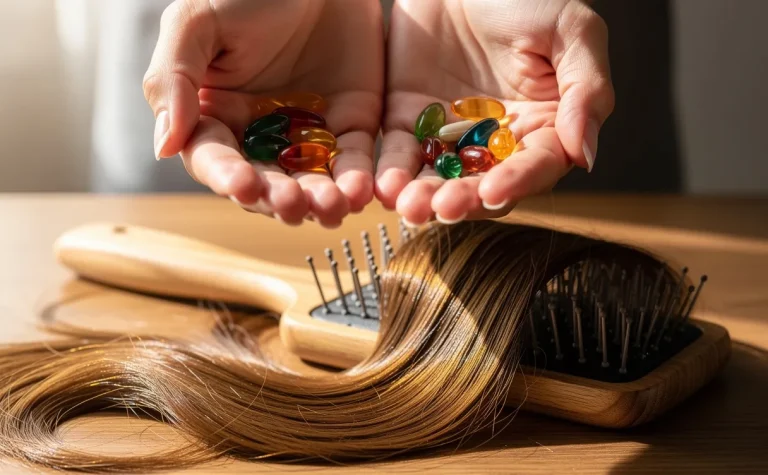 Deux mains tiennent des capsules pour cheveux au-dessus d'une table avec une brosse et des mèches brillantes sous une lumière naturelle.
