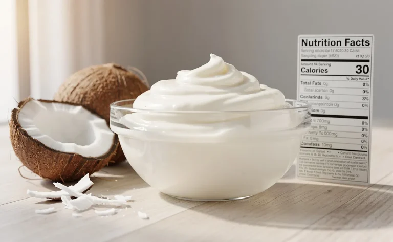 Un bol en verre rempli de graisse de coprah blanche posé à côté d’une moitié de noix de coco et d’une étiquette nutritionnelle sur une surface en bois.