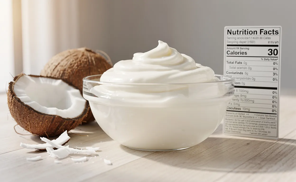 Un bol en verre rempli de graisse de coprah blanche posé à côté d’une moitié de noix de coco et d’une étiquette nutritionnelle sur une surface en bois.