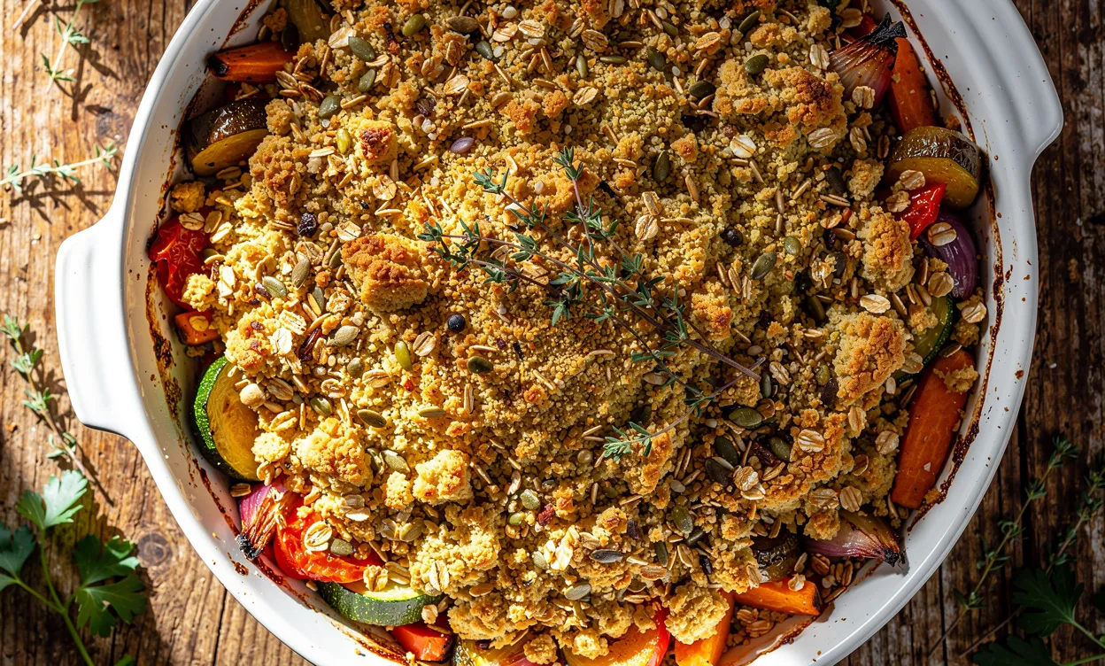 Un crumble salé doré aux légumes rôtis, recouvert d’avoine et de graines, présenté dans un plat blanc sur une table en bois rustique avec des herbes fraîches.