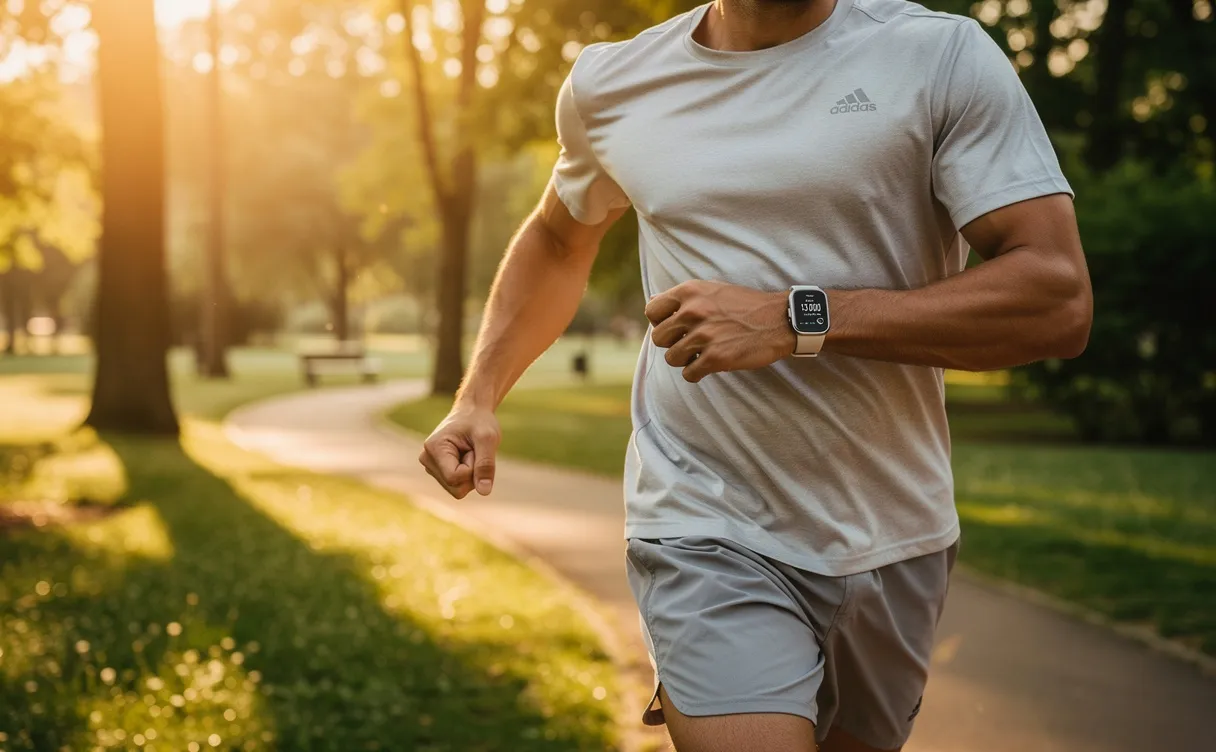 Un homme marche vivement dans un parc verdoyant au lever du soleil, portant un bracelet connecté affichant 13 000 pas.