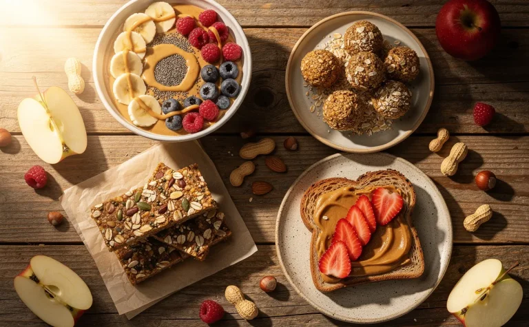 Quatre recettes à base de beurre de cacahuète sont disposées sur une table en bois rustique avec des fruits frais et des noix.