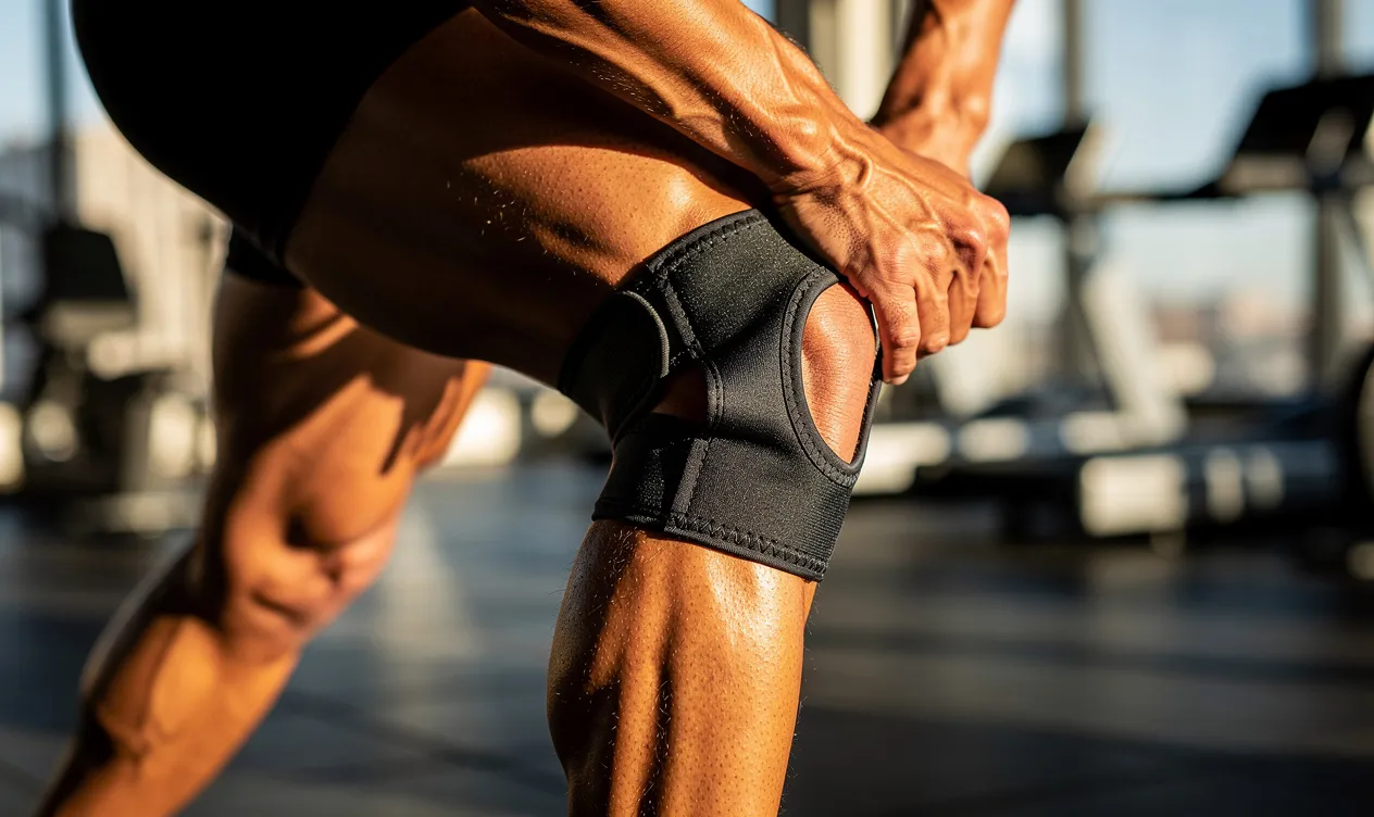 Une personne fléchit doucement un genou musclé dans une salle de sport lumineuse, portant une genouillère.