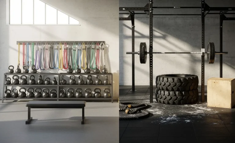 Deux espaces d’entraînement sont côte à côte, l’un équipé de matériel fonctionnel minimaliste avec kettlebells et élastiques, l’autre proposant des équipements de CrossFit comme des barres et de gros pneus, sous une lumière naturelle marquée.