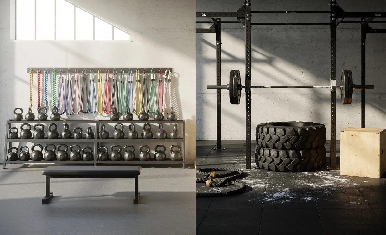 Deux espaces d’entraînement sont côte à côte, l’un équipé de matériel fonctionnel minimaliste avec kettlebells et élastiques, l’autre proposant des équipements de CrossFit comme des barres et de gros pneus, sous une lumière naturelle marquée.