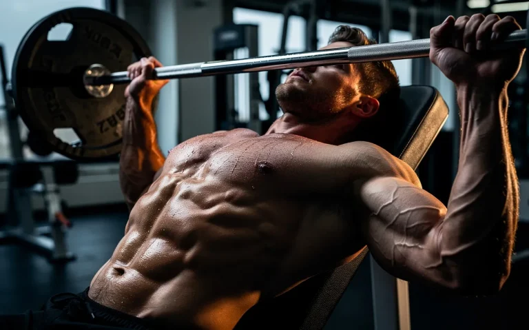 Un homme musclé réalise un développé décliné avec barre dans une salle de sport moderne, ses pectoraux inférieurs saillants mis en valeur par un éclairage latéral.