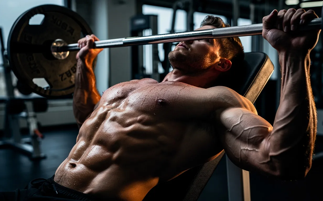 Un homme musclé réalise un développé décliné avec barre dans une salle de sport moderne, ses pectoraux inférieurs saillants mis en valeur par un éclairage latéral.