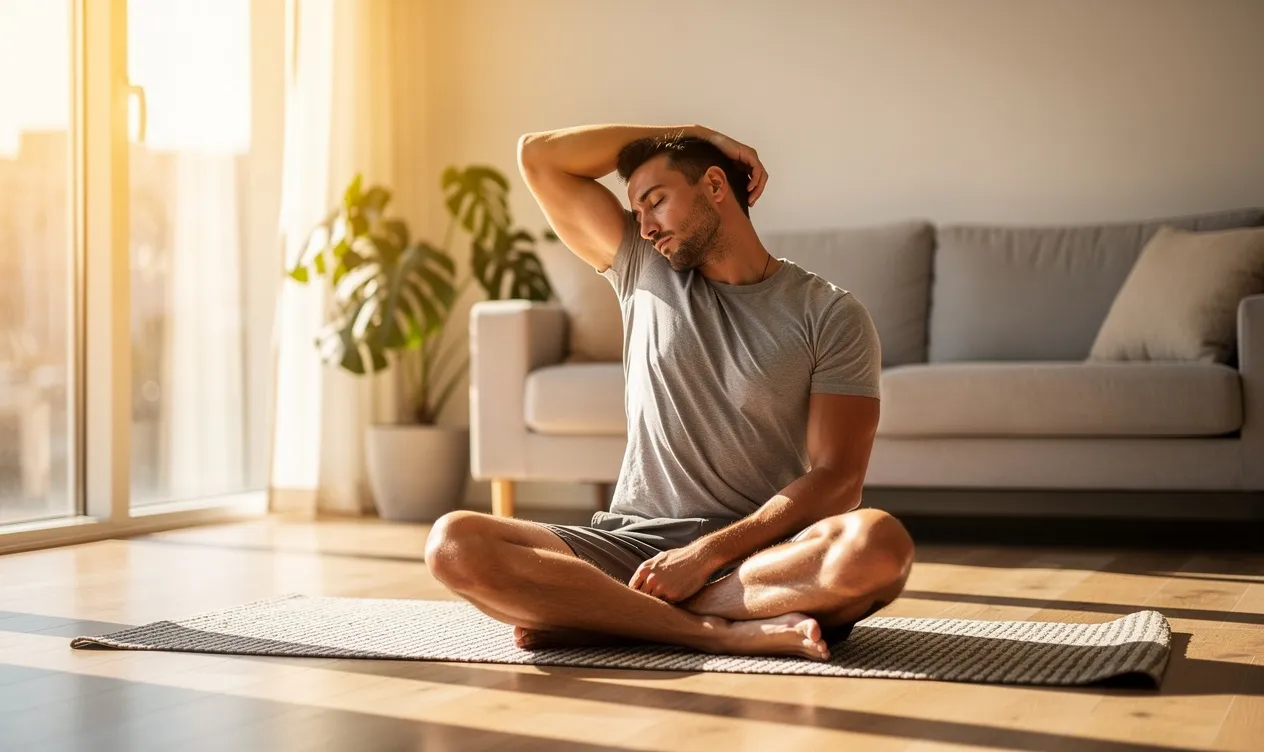 Un homme sportif assis en tailleur sur un tapis de yoga incline doucement la tête dans un salon lumineux baigné de lumière du matin.