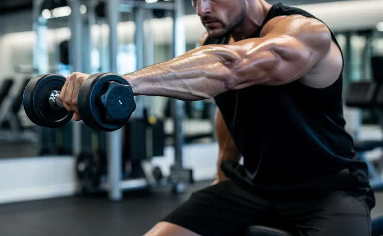 Personne en pleine séance de musculation effectuant un kickback triceps avec haltère dans une salle de sport moderne, muscles apparents et air concentré.