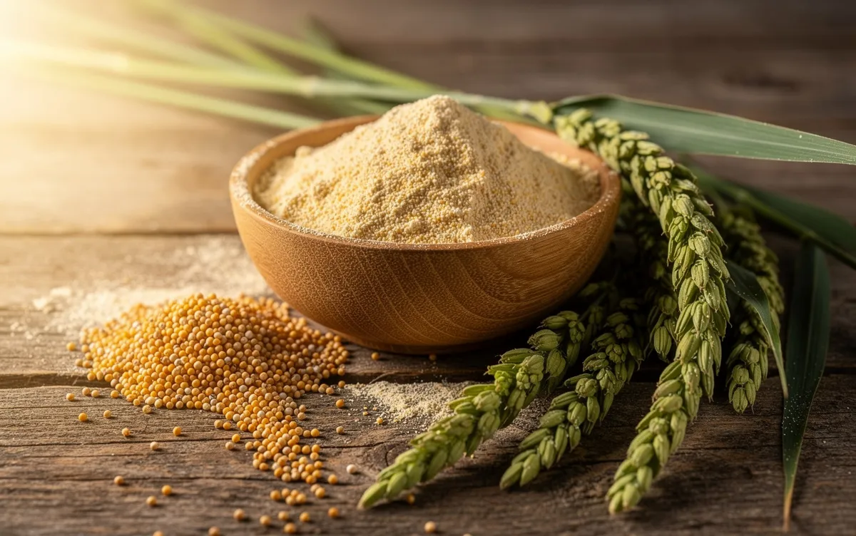 Un bol en bois déborde de farine de millet dorée sur une table rustique, avec des grains et des tiges de millet verts éclairés par une douce lumière du matin.