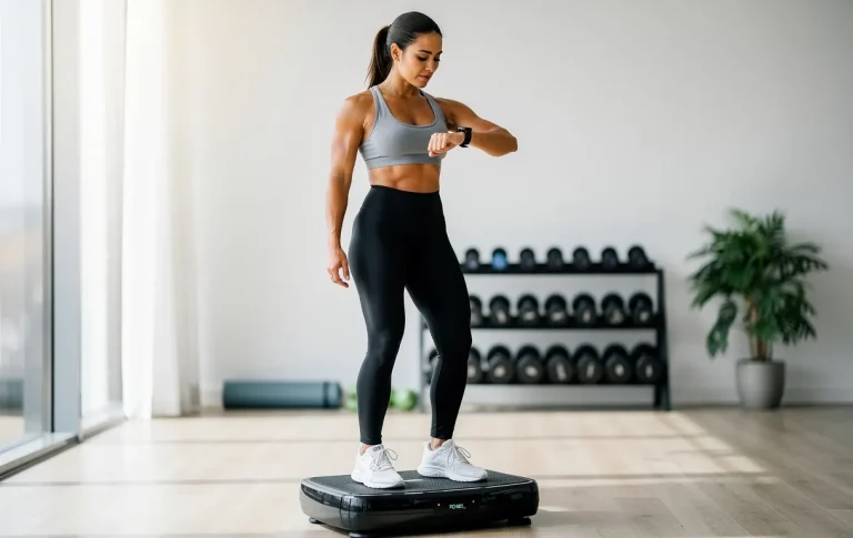 Une femme sportive se tient sur une plateforme vibrante dans une salle de sport lumineuse, regardant le minuteur de sa montre connectée.