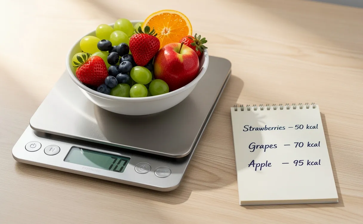 Une balance de cuisine numérique posée sur une table en bois avec un bol de fruits colorés et un carnet affichant des calories écrites à la main.