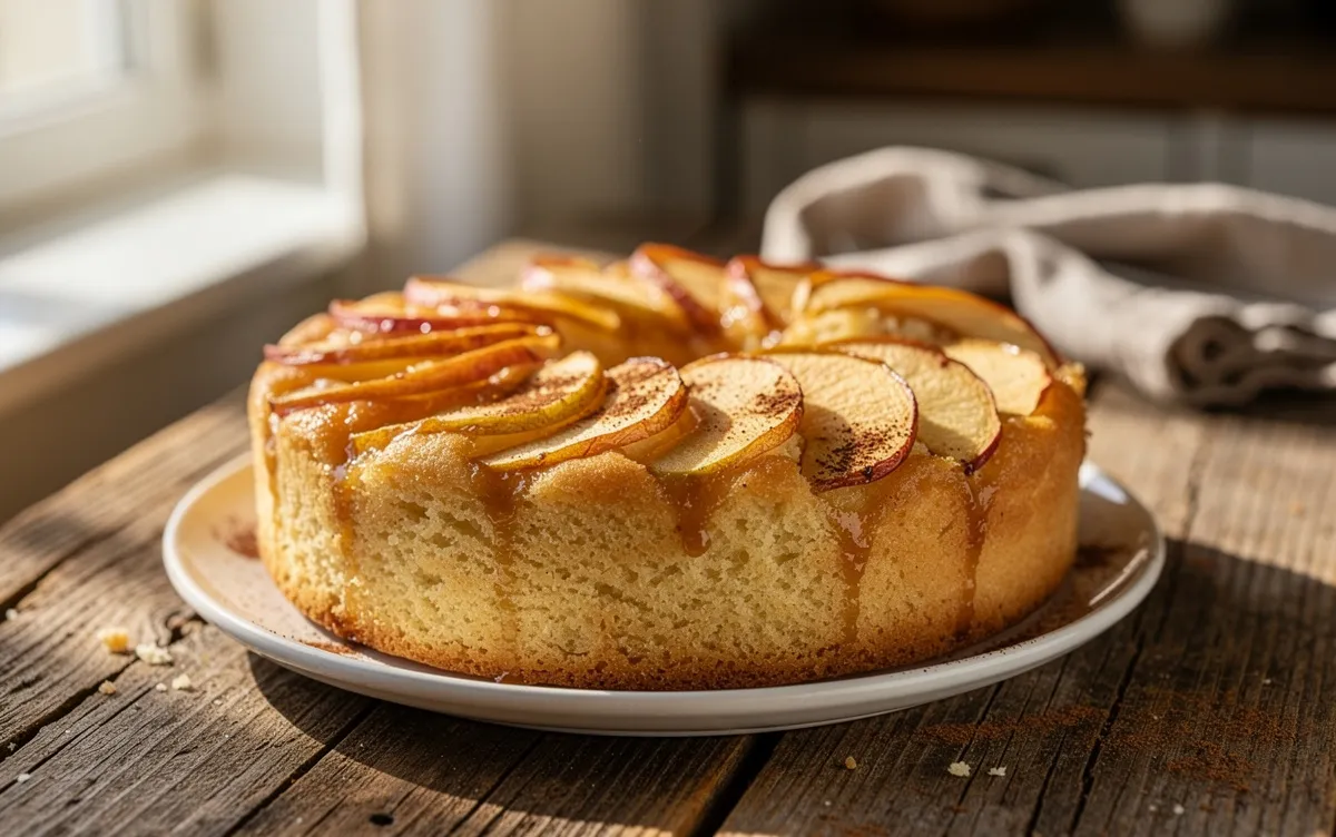 Gâteau aux pommes décoré de fines tranches et de cannelle sur une table en bois baignée de lumière naturelle.