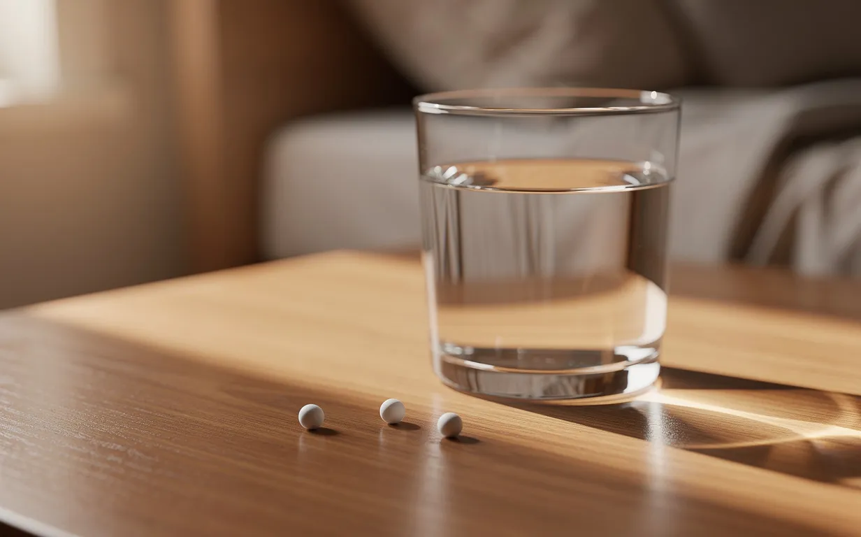 Trois granules d’Oscillococcinum reposent près d’un verre d’eau sur une table de chevet éclairée par une douce lumière matinale.
