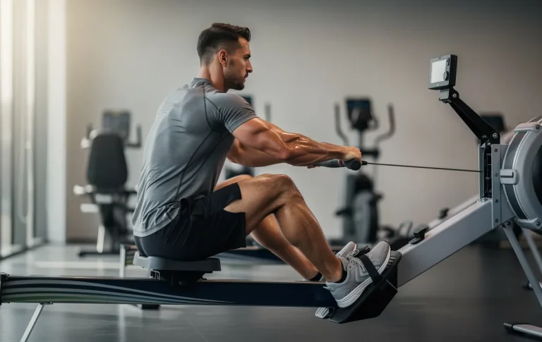 Un homme concentré en tenue de sport utilise un rameur dans une salle de sport moderne, ses muscles du dos bien dessinés sous une lumière douce.