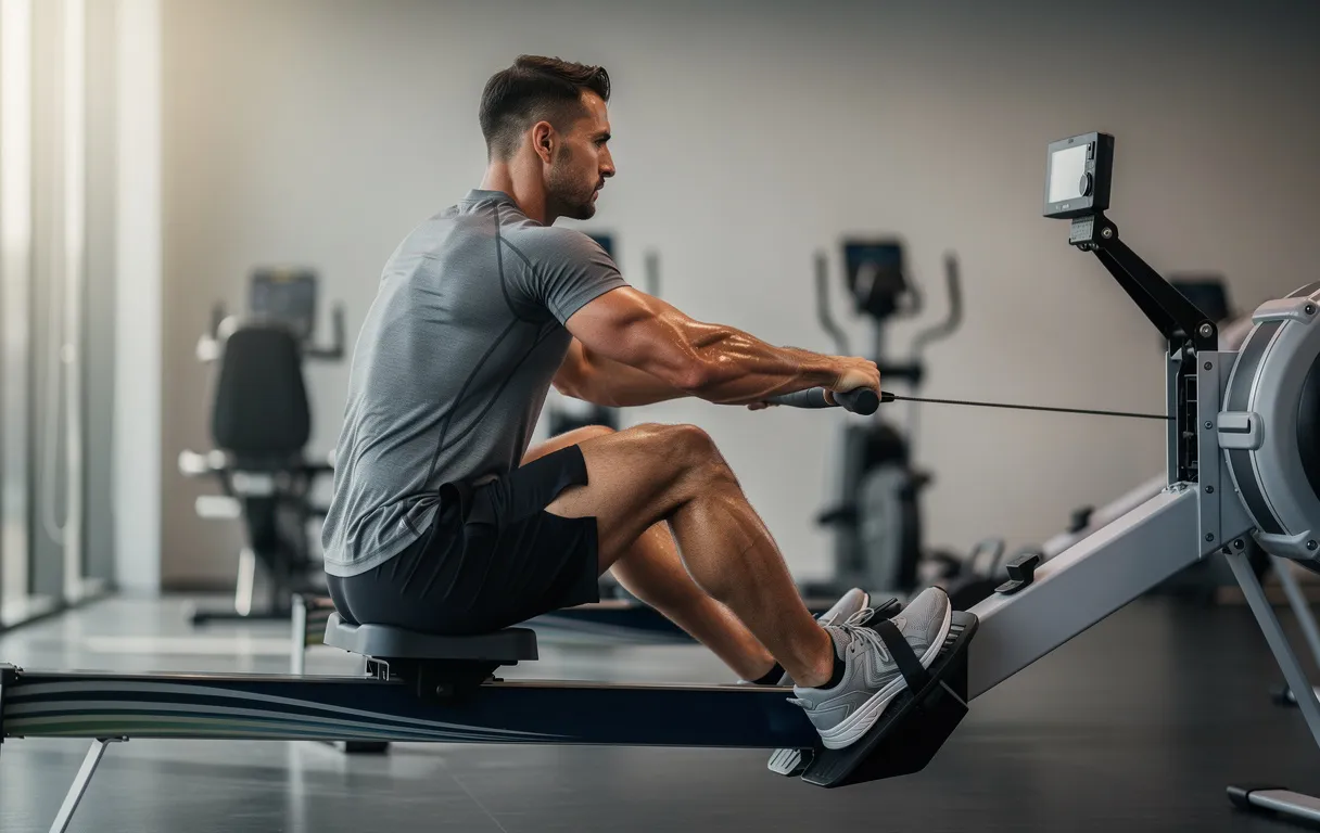Un homme concentré en tenue de sport utilise un rameur dans une salle de sport moderne, ses muscles du dos bien dessinés sous une lumière douce.