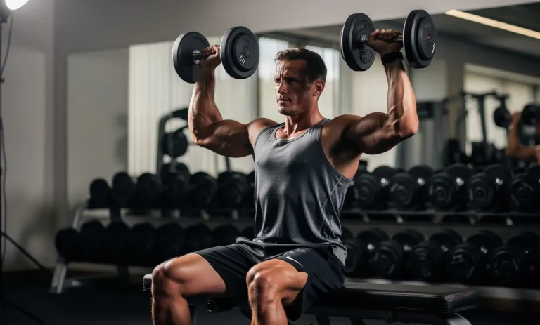 Un homme musclé assis sur un banc de musculation réalise un arnold press avec des haltères dans un studio de fitness élégamment éclairé.