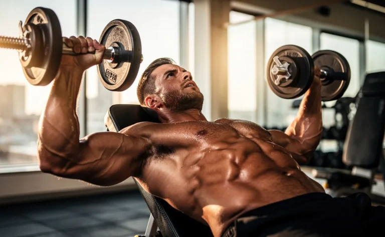 Un homme musclé réalise un développé incliné avec haltères dans une salle de sport ensoleillée, ses pectoraux supérieurs contractés et la peau perlée de sueur.